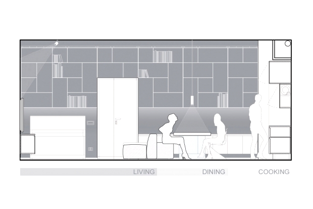 Interior elevation of several bookshelf modules attached